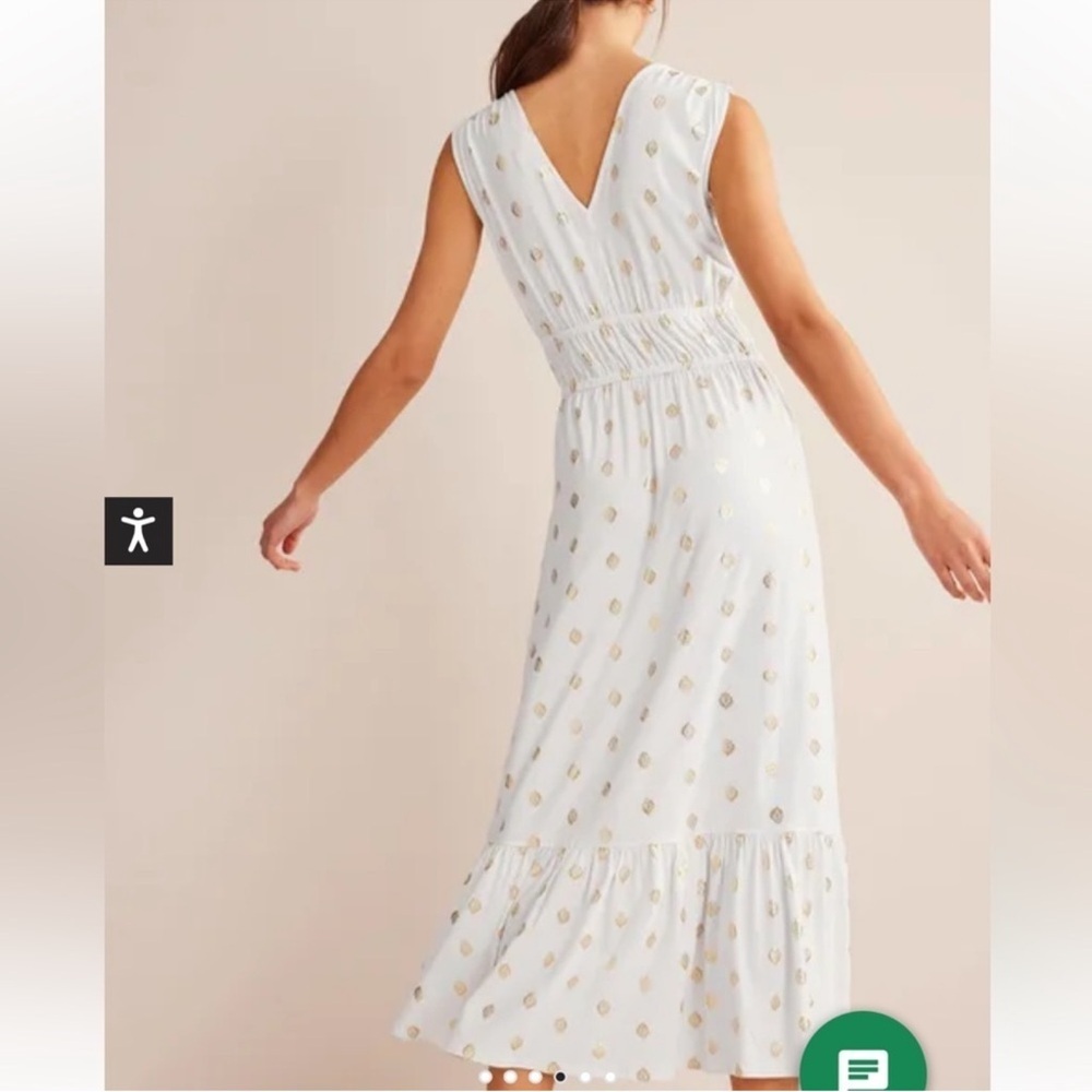 NEW Boden Women's Smocked Jersey Maxi Dress Gold polka
White, Size 12R